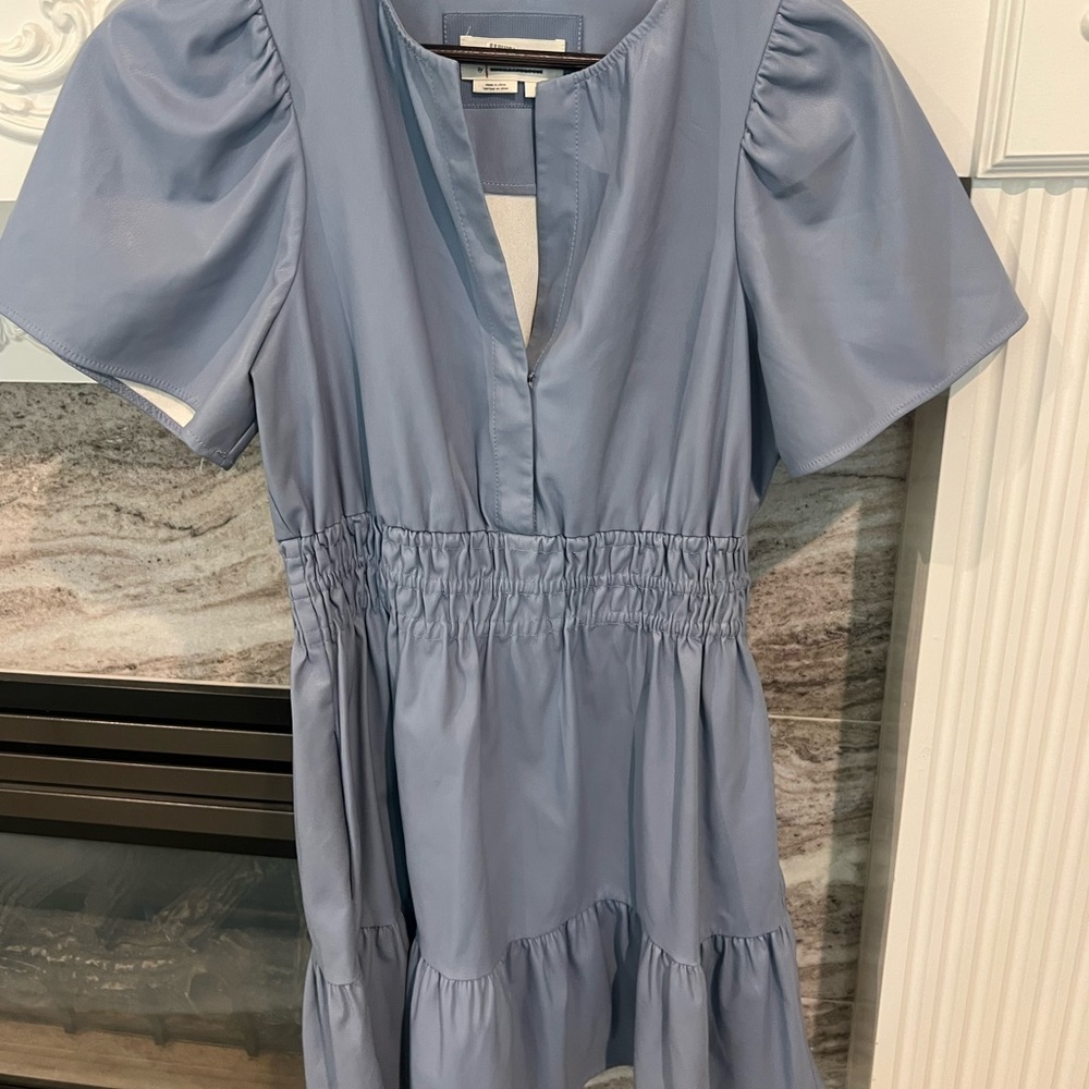 Anthropologie Somerset Powder Blue Puff-Sleeve Dress (leather look) size small